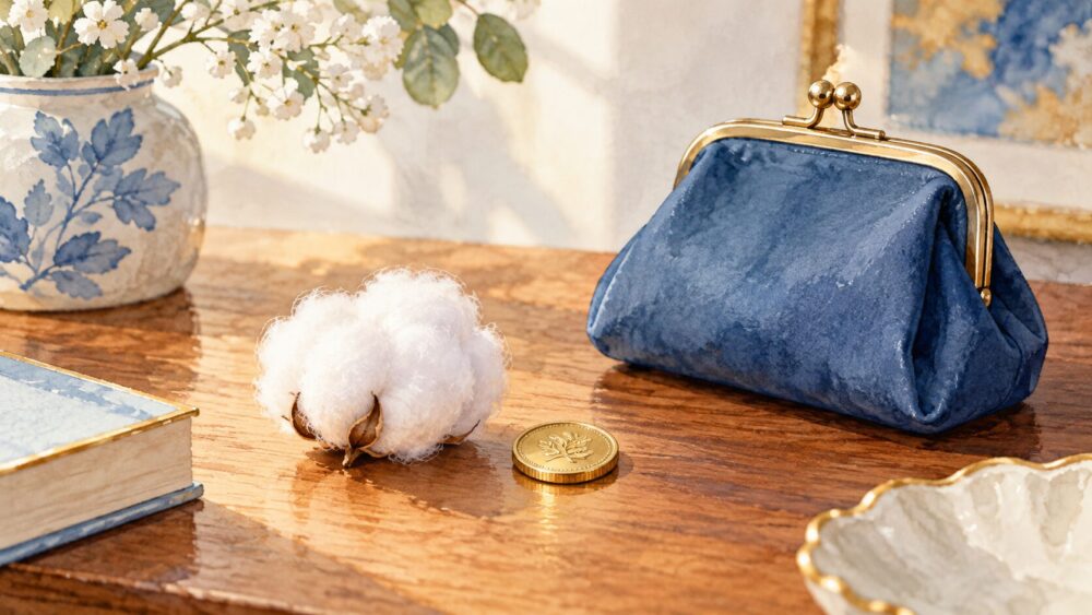 白い綿毛と金貨、青い財布を並べた豊かさのイメージ。