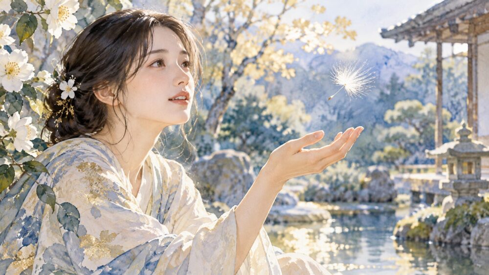庭で飛んでくる白い綿毛を見つめる女性。
