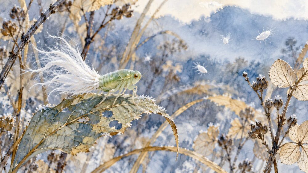 白い綿状のロウをまとったアオバハゴロモの幼虫と雪虫。