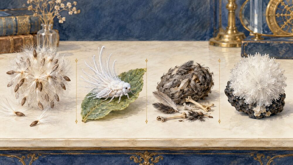 植物の冠毛、白い綿毛を持つ昆虫、猛禽類のペリット、オケナイトの4説を見比べる図。
