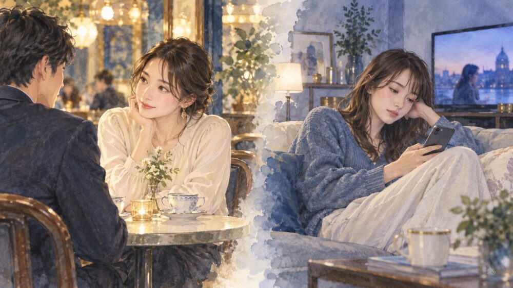 会話に集中する女性と、ひとりで気軽にスマートフォンを見る女性の対比。