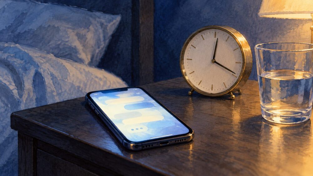 深夜を示す時計と、抽象的な通知光がともるスマートフォン。