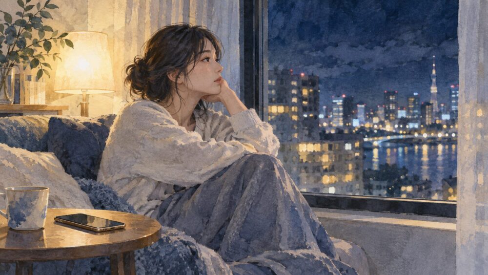 夜の窓辺で街明かりを見つめ、スマートフォンをテーブルに置く女性。