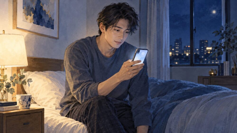 深夜のベッドで元カノとの記憶を振り返り、考え込む男性。