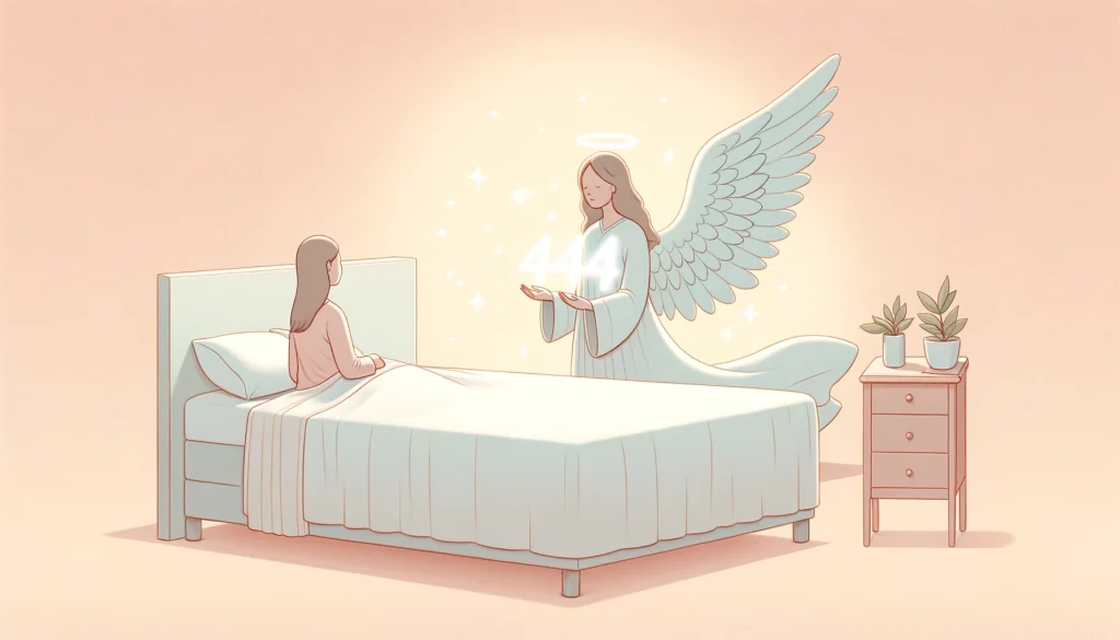 寝起きの女性のベッドの横に、数字444を持った天使が立つシンプルで穏やかなイラスト