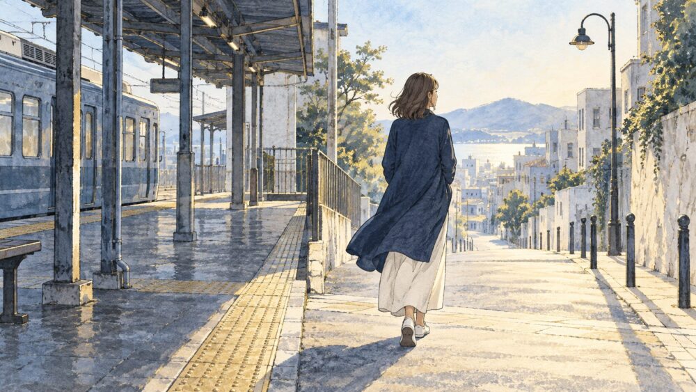 静かな駅から朝の街へ歩き出す女性。サイレント期間中に自分をいたわるイメージ。