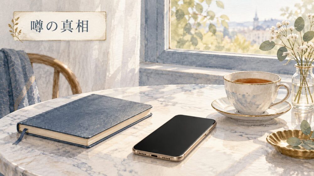 「噂の真相」と書かれた札、伏せたスマートフォンとノート、カップが置かれたカフェの窓辺。
