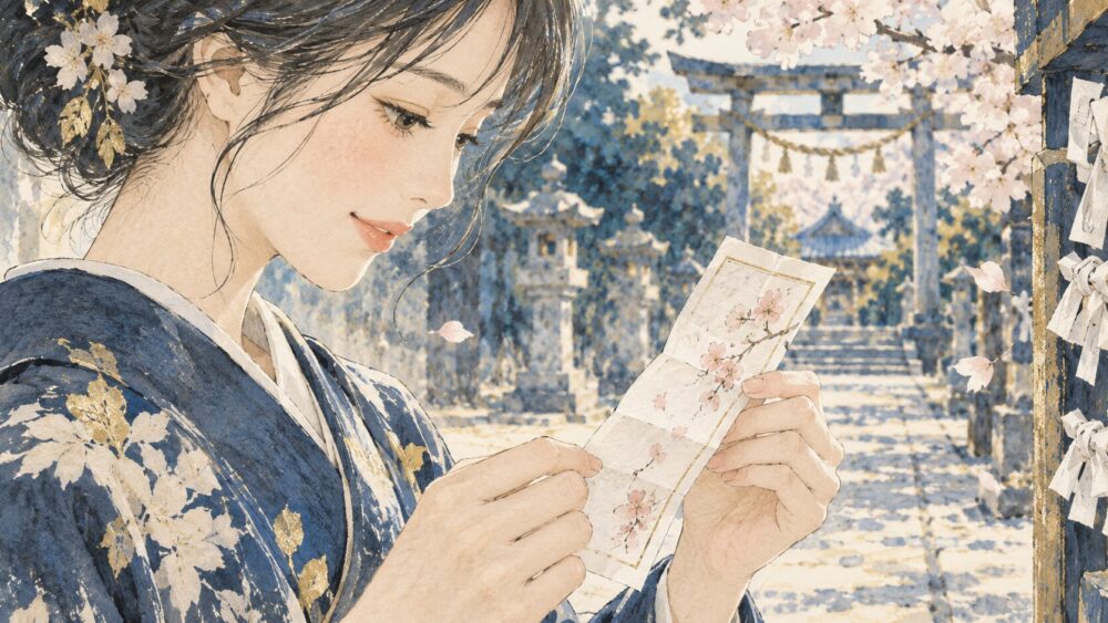 神社の境内で末吉のおみくじを開き、内容を読む手元。