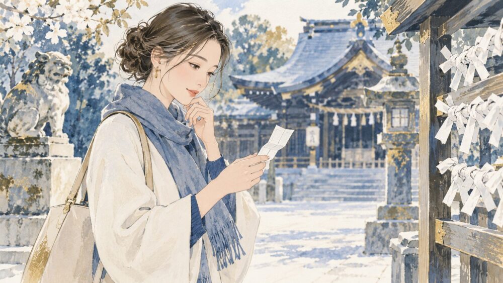 末吉のおみくじを手に、境内で気持ちを落ち着ける参拝者。