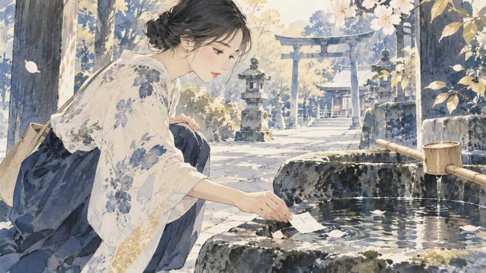 手水舎のそばで、落としたおみくじを見つける場面。