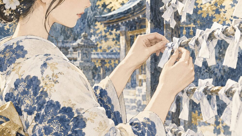 境内のおみくじ結び所に、末吉のおみくじを丁寧に結ぶ手元。