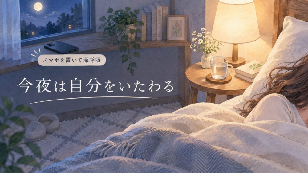 スマートフォンを置き、深呼吸して眠る前の時間を整えるセルフケアのイラスト。