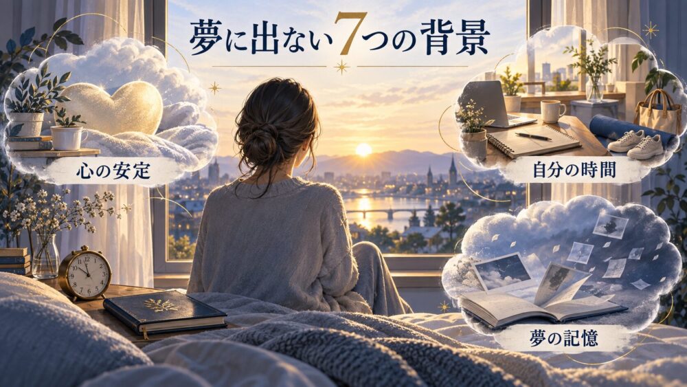 夢に出ない背景を心の安定・自分の時間・夢の記憶の3つに整理したイラスト。