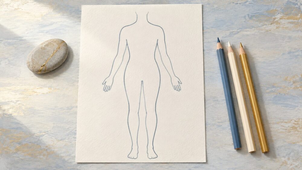 体のシルエットと色鉛筆、天然石のイラスト