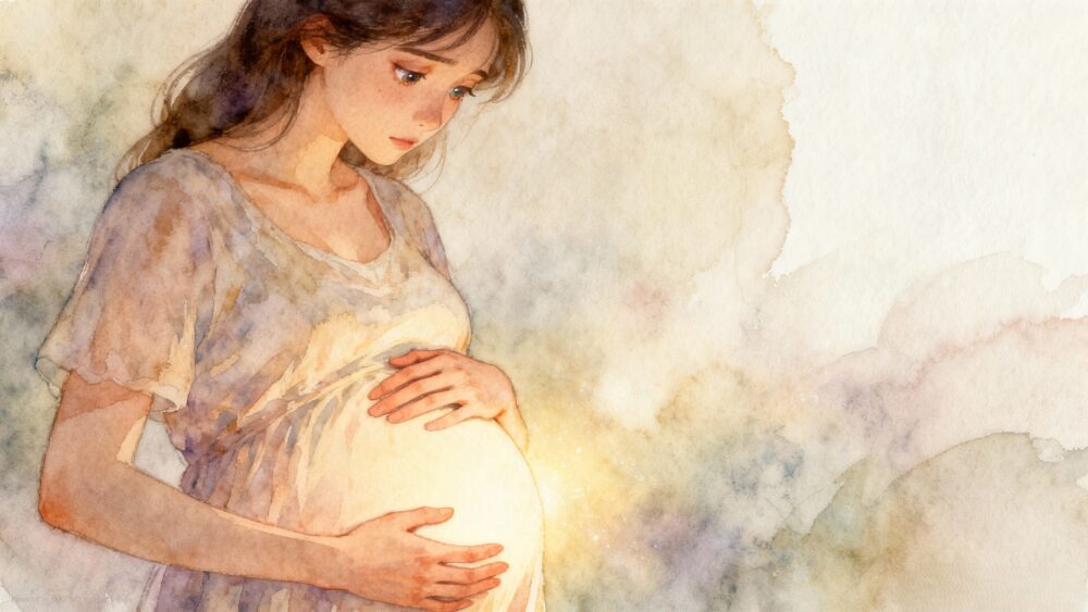 優しくお腹に手を当てる妊婦の、穏やかなイラスト。彼女の表情は、伏し目がちで、わずかな不安と深い希望が入り混じっており、目には不思議な感覚が宿っている。背景は柔らかく幻想的で、お腹からほのかな光が放たれ、神秘的なつながりを暗示している。