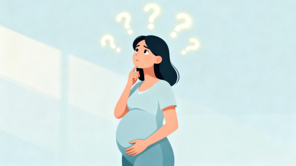 物思いにふけった表情の妊婦のイラスト。彼女の頭の周りには、デザイン化された柔らかな光を放つクエスチョンマークがいくつか浮かんでいる。しかし、片手をお腹に当てて落ち着いた姿勢は、外野の声よりも自分自身の直感に耳を傾けていることを示唆している。