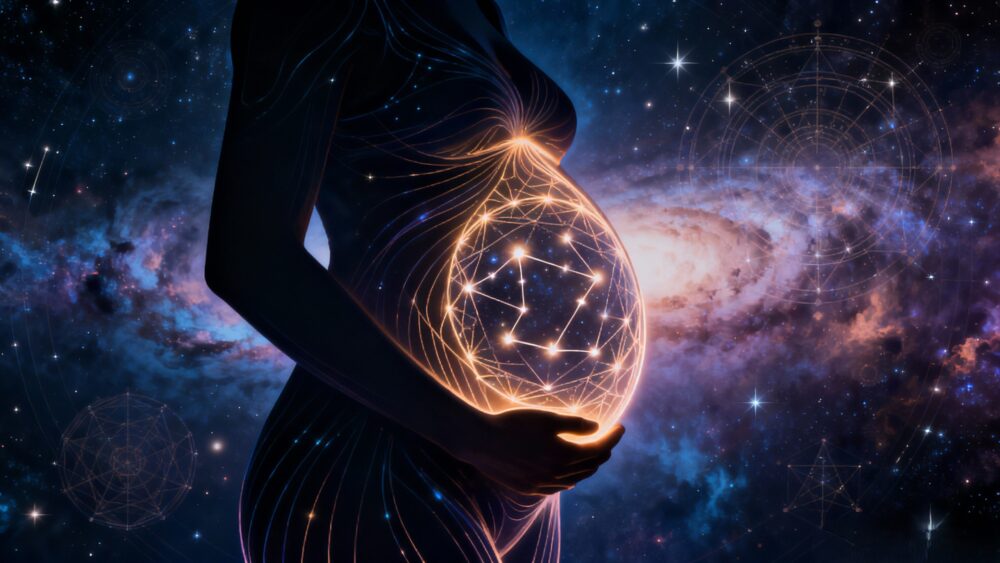 SF的な雰囲気を持つ、抽象的でスピリチュアルなイラスト。中央に妊婦のお腹のシルエット。子宮の中には、赤ちゃんの代わりに輝く星座や神聖幾何学模様が描かれている。背景は星雲や星図が広がる深い宇宙。