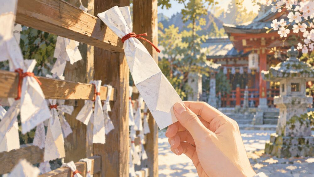 神社のおみくじ掛けに結ばれた白いおみくじを、手に取って確かめる場面。