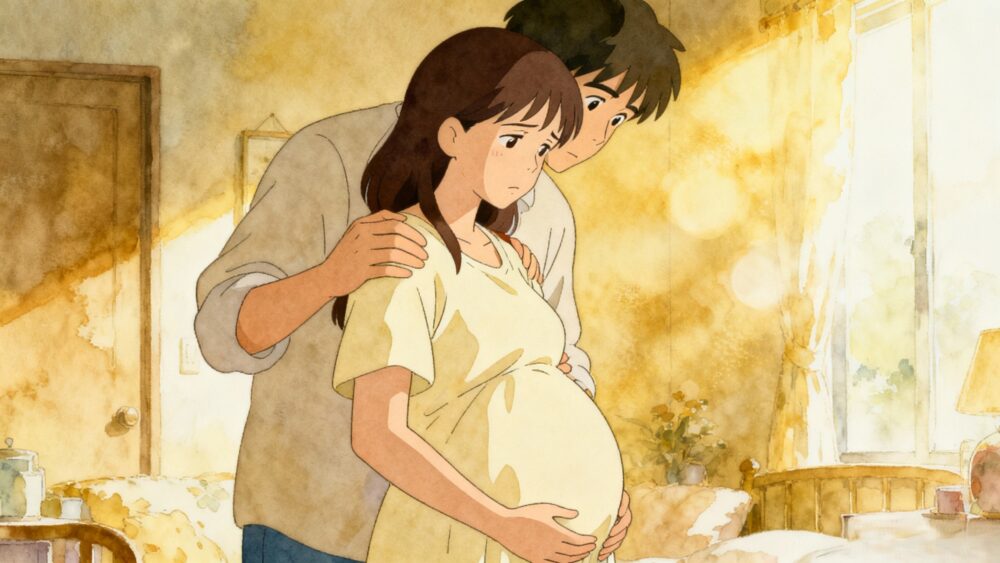 疲れているけれど感謝の表情を浮かべた妊婦の、心温まるイラスト。彼女はパートナーに支えられており、パートナーは彼女の肩に優しく腕を回している。居心地の良い暖かい家庭を舞台に、思いやり、共感、そして支え合いの感情を強調する。