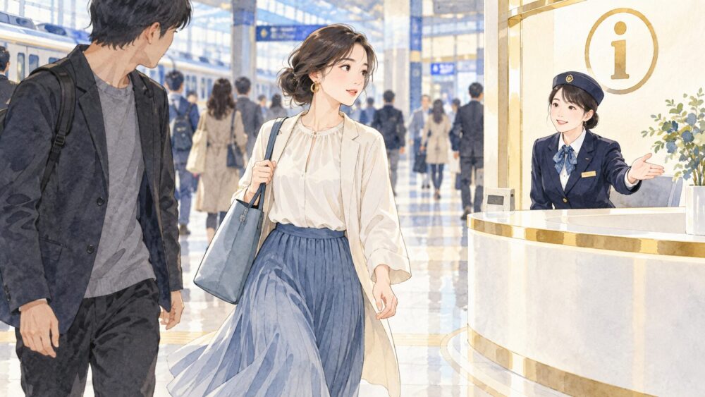 駅で不安を感じた女性が距離を取り、案内カウンターのスタッフの近くへ移動する場面。