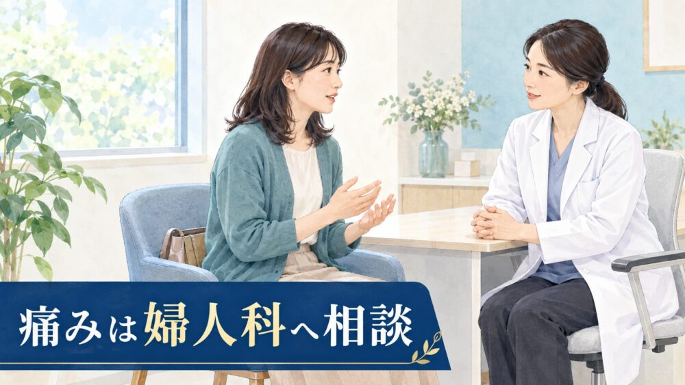 婦人科の相談室で女性医師に体の違和感を伝える女性。「痛みは婦人科へ相談」の文字。
