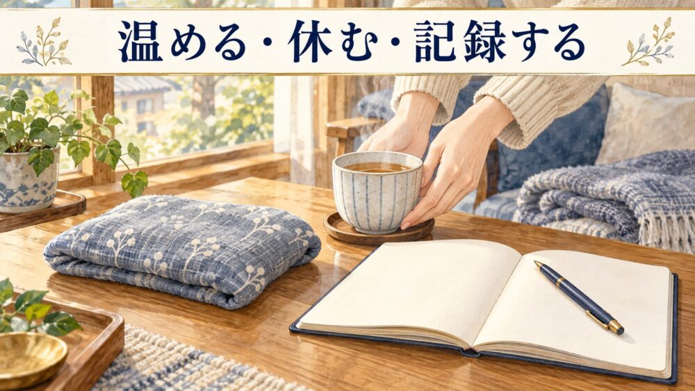 温かい飲み物とブランケット、空白のノートでひと息つくセルフケアの情景。「温める・休む・記録する」の文字。