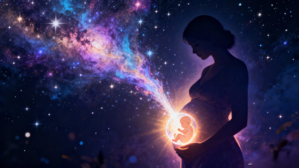 輝く赤ちゃんの魂を象徴するイラスト。光り輝く球体として表現された魂が、宇宙や星空から舞い降り、穏やかな妊婦のシルエットの子宮に優しく宿る様子。神聖な目的とパワフルなエネルギーに満ちたシーン。
