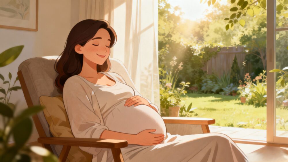 穏やかで陽の光が差す部屋か庭で、心地よくリラックスしている妊婦の、美しく穏やかなイラスト。彼女は穏やかで安らかな笑みを浮かべており、調和と幸福感を醸し出している。柔らかく優しい光が、彼女を包み込んでいる。