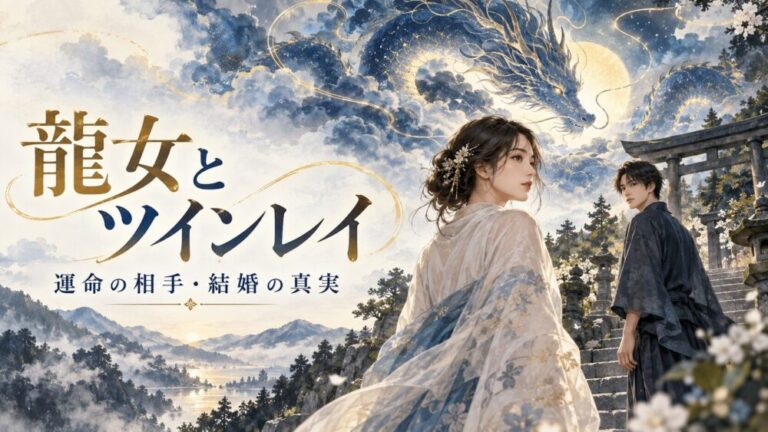 龍女とツインレイの運命の出会いを、神社で向き合う男女と龍雲で表現したイラスト。