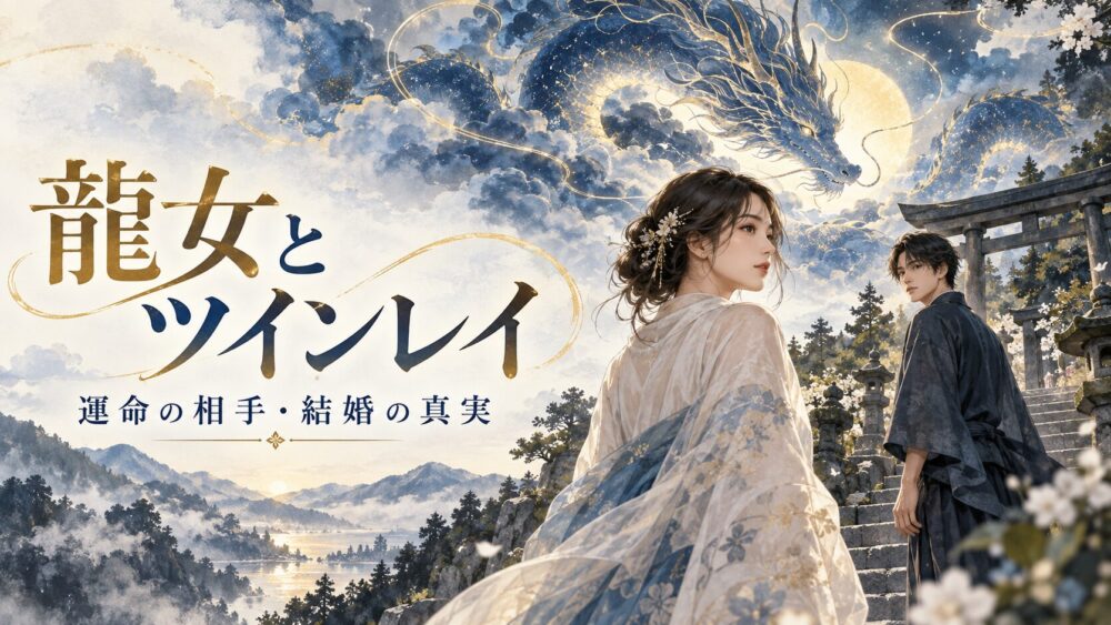 龍女とツインレイの運命の出会いを、神社で向き合う男女と龍雲で表現したイラスト。