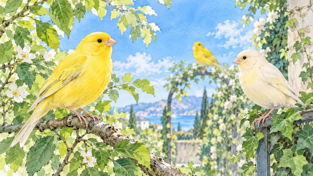 青空の枝に集う黄色と白のカナリア