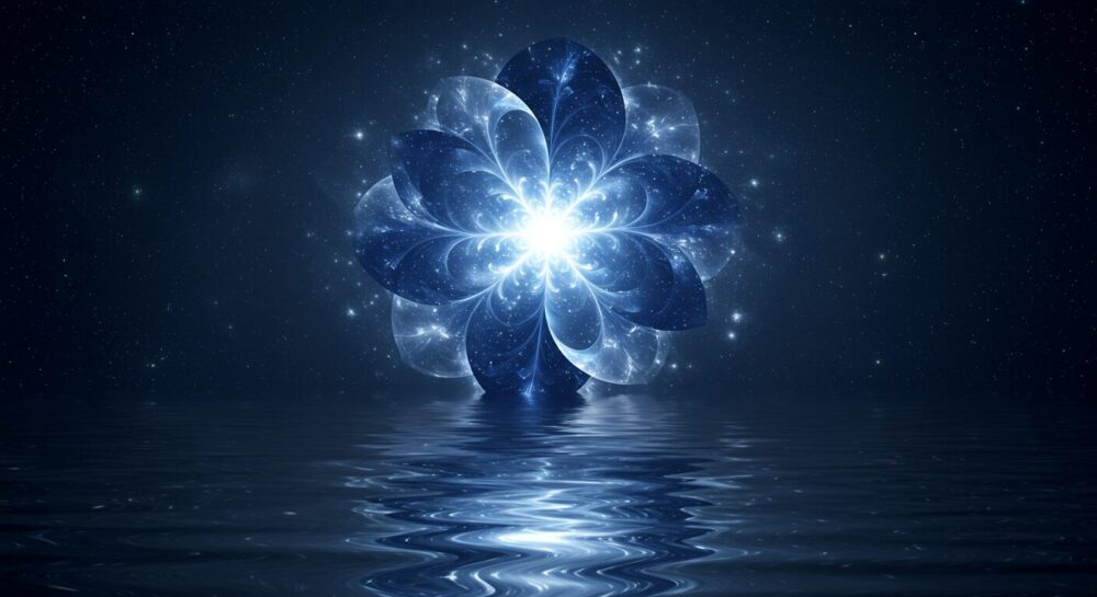 水面に浮かぶ青く光る神秘的なフラクタル模様。星々が織り込まれた宇宙の花のようで、ブルーレイ・スターシードのユニークなエネルギーと使命を象徴する画像。