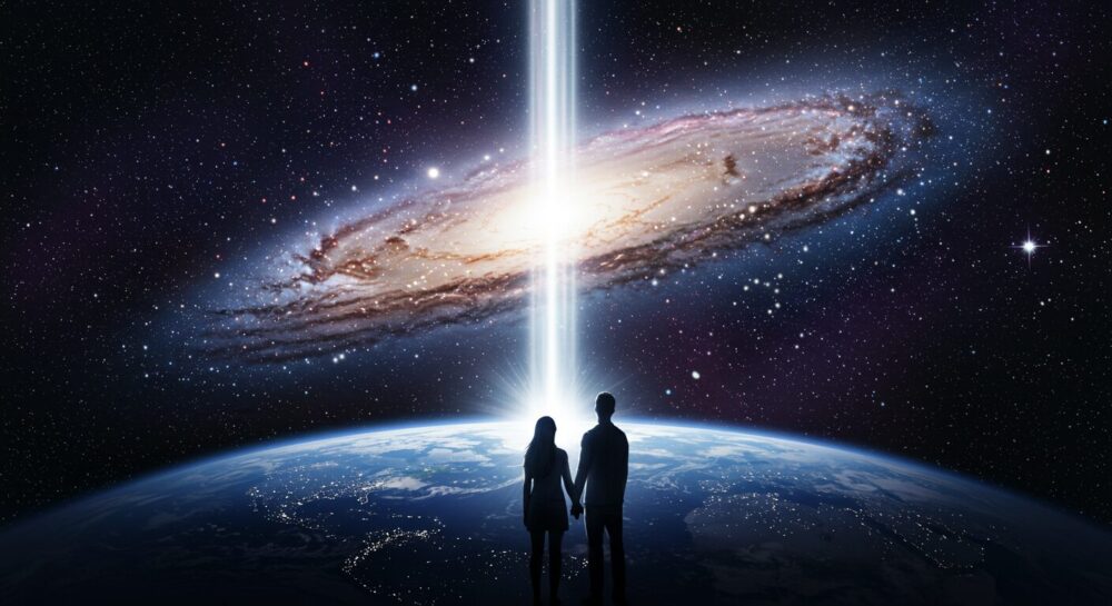 地球と宇宙を繋ぎ、壮大な使命を持つプラチナツインレイのカップルのイメージ
