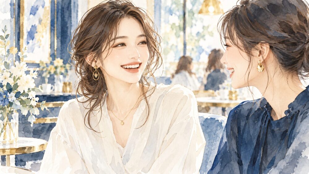 友人と笑顔で話す女性たち。