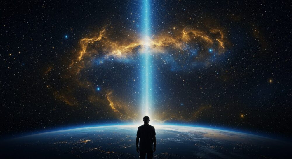 星空の下で宇宙からの青と金の光を浴びる穏やかな50代・60代の人物。ブルーレイ・スターシードの静かな覚醒と希望に満ちた目的を表すサムネイル画像。