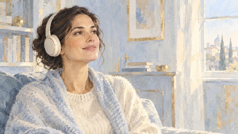 ヘッドホンを着けて音楽を聴く女性