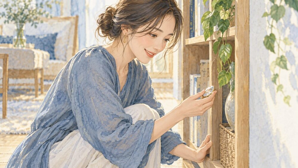 長く見つからなかった小物を思いがけない場所で見つけ、安堵する女性。