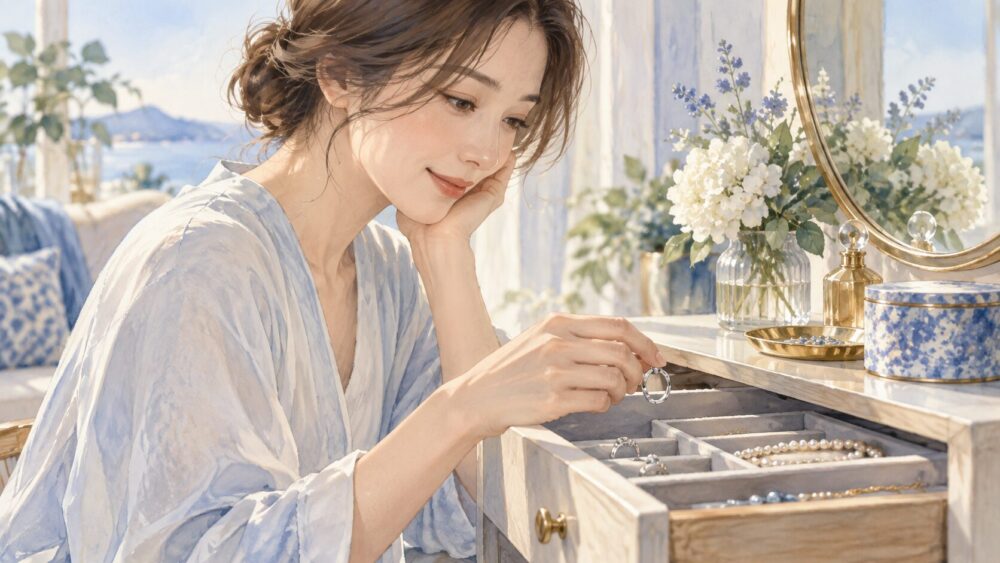 見つかった指輪を手に取り、自己愛や大切な縁を思い返す女性。