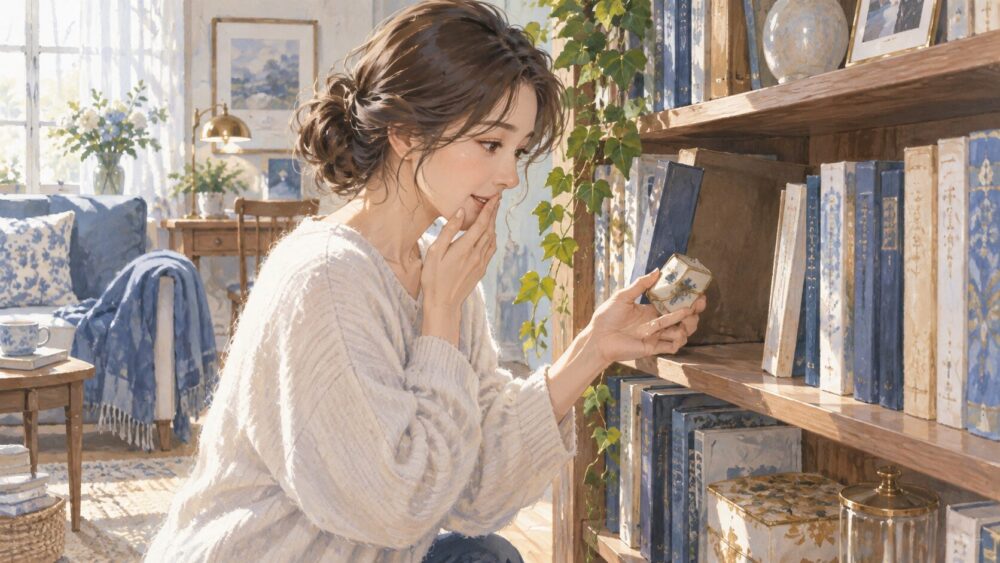 何気なく本棚を整えていた時、奥から忘れていた思い出の小物が見つかる場面。