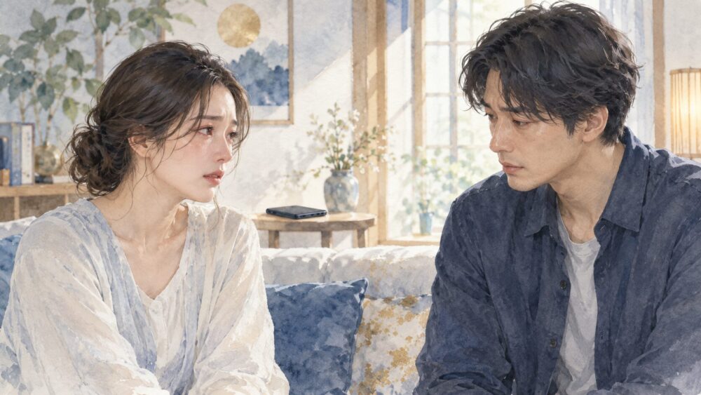事実を知った女性と、向き合って話すパートナー。