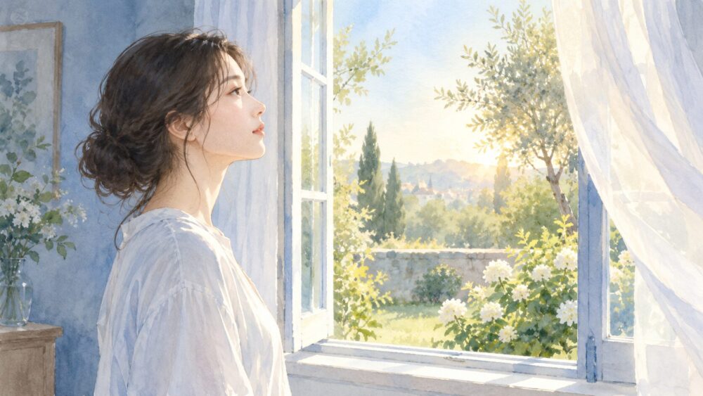 傷ついた後、窓辺で呼吸を整えて気持ちを見つめる女性。