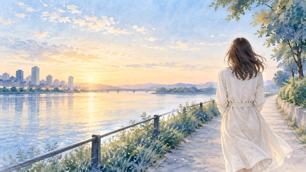 朝の川沿いの道を歩き、自分のこれからを考える女性。