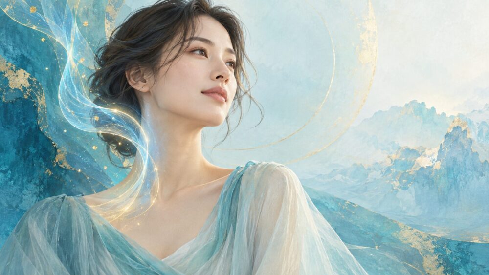 左首に淡い光が流れ、心と体のつながりを表す女性。