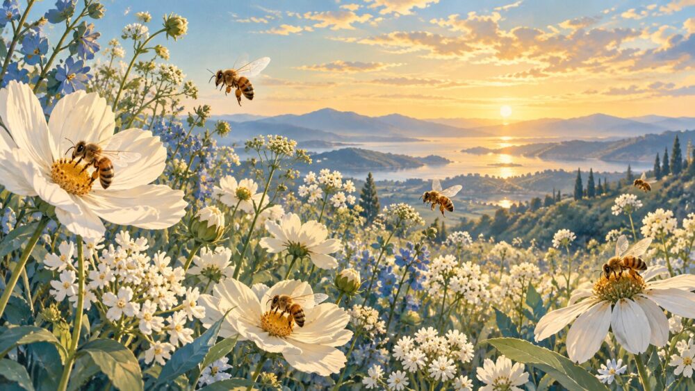 夕暮れの花畑で蜜を集めるミツバチたち。
