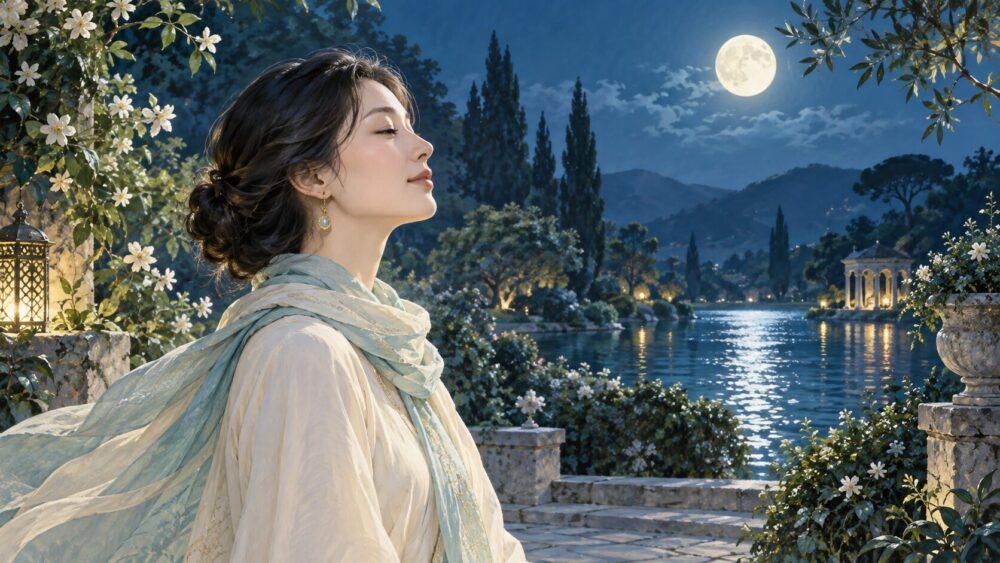 夜の庭でストールを巻き、静かに呼吸を整える女性。
