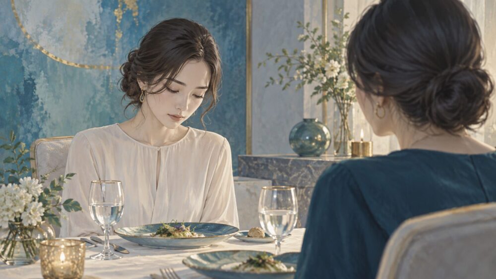 食卓で言えない本音を抱え、視線を落とす女性。
