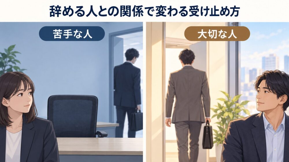 苦手な同僚が去る場面と、大切な同僚が去る場面を左右に描いた比較図。