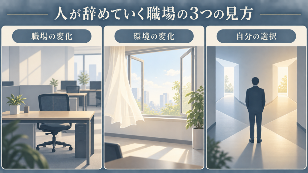空席が増えた職場、窓を開けた職場、次の道を考える社員を描いた3つの視点。