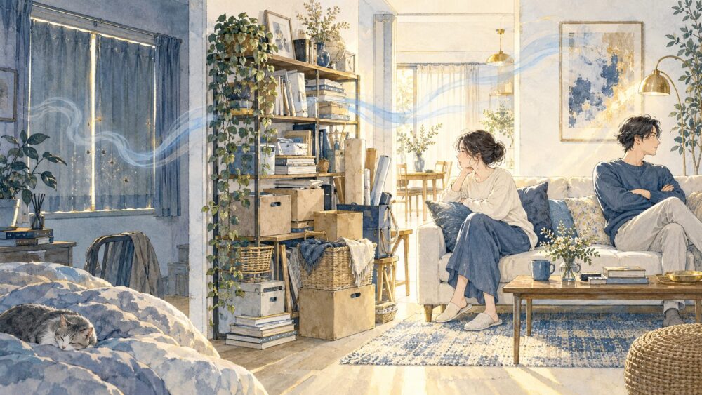 閉じた窓、物が多い棚、距離を置いて座る二人を描いた室内のイラスト。