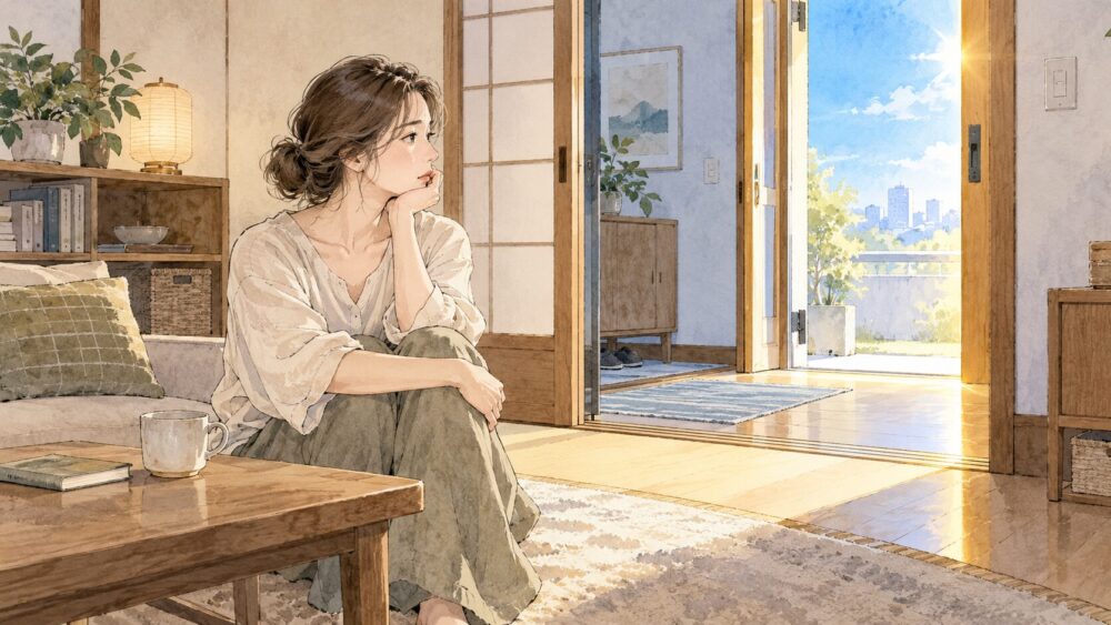 落ち着かない表情で家の中に座り、明るい戸口を見つめる女性。